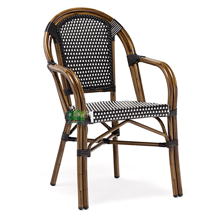 Bamboo look aluminum wicker bistro chair with arm for cafe restaurant (E6016)