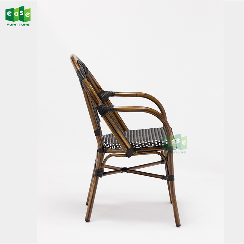 Bamboo look aluminum wicker bistro chair with arm for cafe restaurant (E6016)