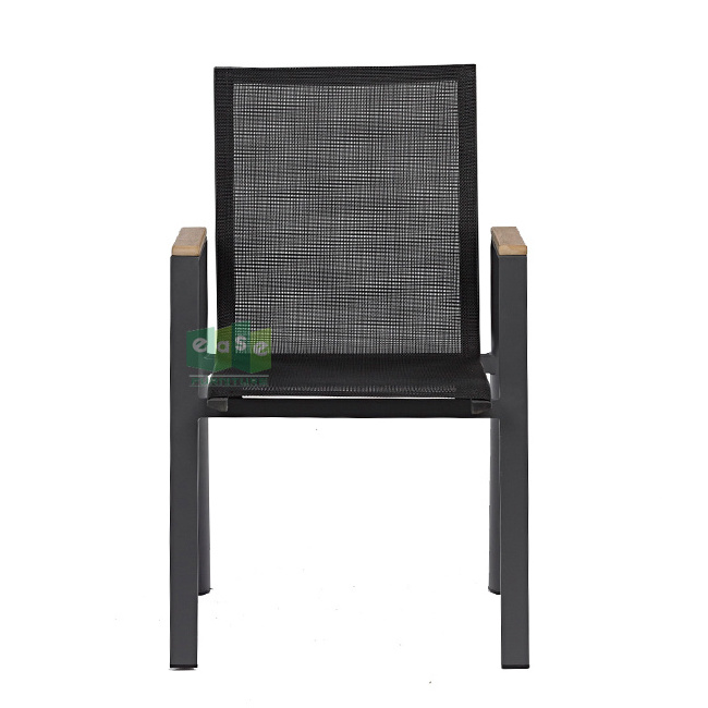 (E3042) Aluminum metal black stackable outdoor patio cafe dining chairs with teak armrests