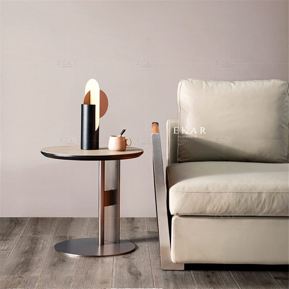 Nordic luxury modern style home furniture stainless steel base round side table corner coffee tables with leather top