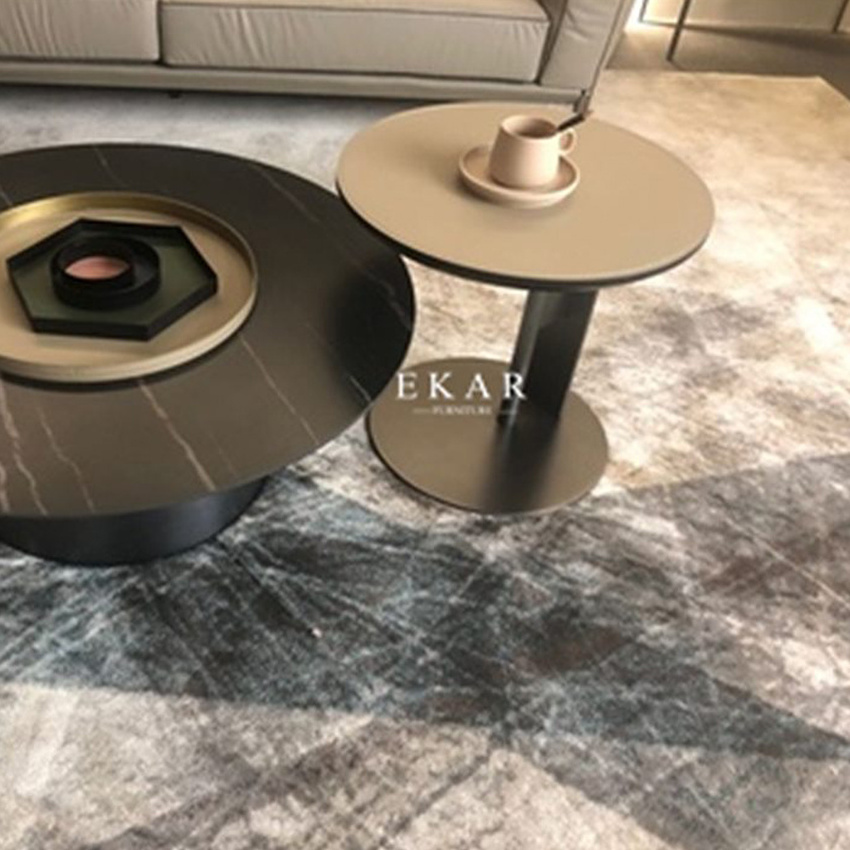 Nordic luxury modern style home furniture stainless steel base round side table corner coffee tables with leather top