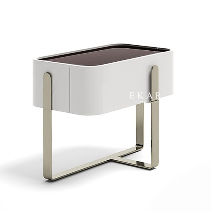 Italian Luxury Modern White Bedside Table Nightstand Gold Stainless Steel Foot White MDF Single Drawer Night Stand