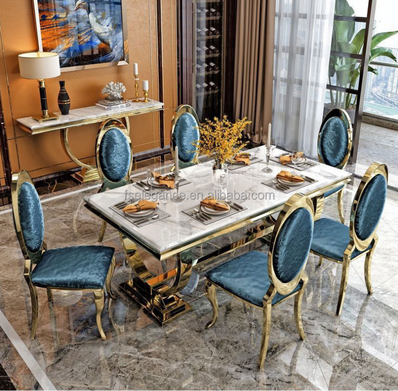 2020 Customized Rectangular Real Natural Marble Top Italian Luxury Design Wood Types 6 Chairs Dining Table Set