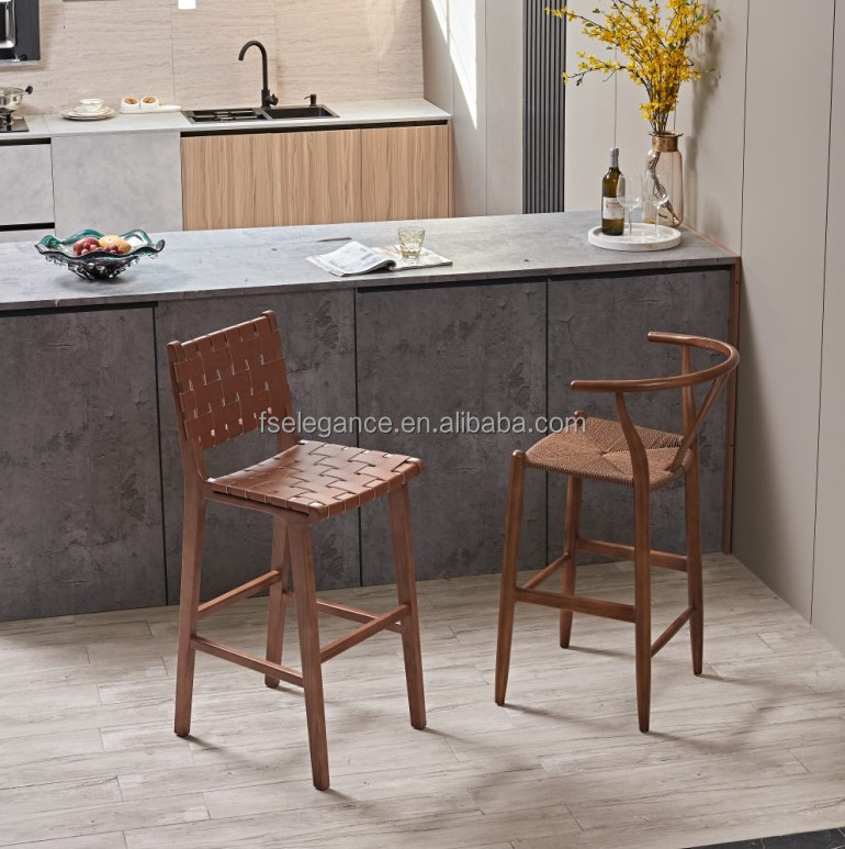 Short back French style wooden commercial rope modern kitchen bar counter high bar stools bar chairs