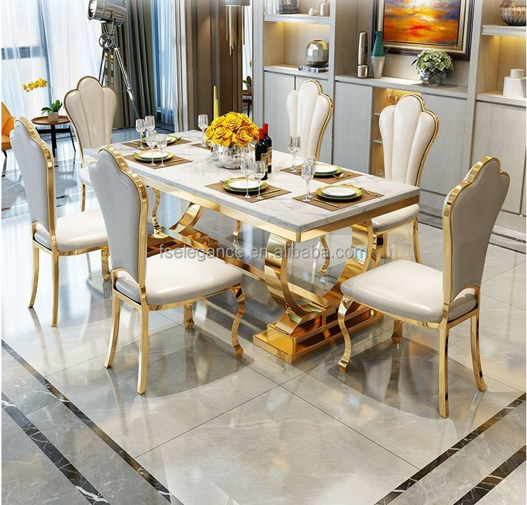 2020 Customized Rectangular Real Natural Marble Top Italian Luxury Design Wood Types 6 Chairs Dining Table Set