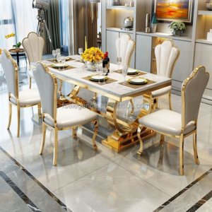 2020 Customized Rectangular Real Natural Marble Top Italian Luxury Design Wood Types 6 Chairs Dining Table Set