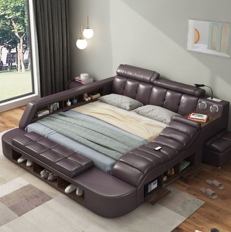 Luxury modern bedroom furniture storage multifunctional leather fabric message tatami king size wood beds