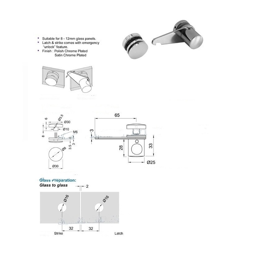 Round  tempered brass  glass door lock  H008 double glass door latch bolt