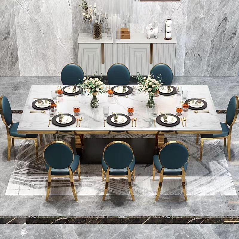 Luxury marble top dining table stainless steel legs metal dining tables set dining room furniture leather chairs banquet tables