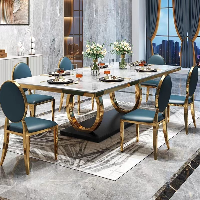 Luxury marble top dining table stainless steel legs metal dining tables set dining room furniture leather chairs banquet tables