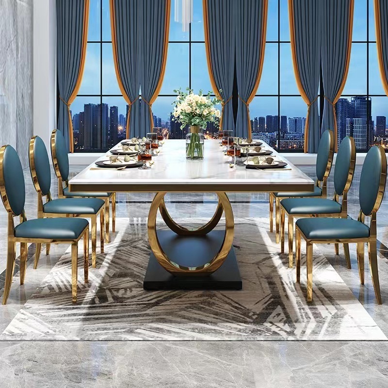 Luxury marble top dining table stainless steel legs metal dining tables set dining room furniture leather chairs banquet tables