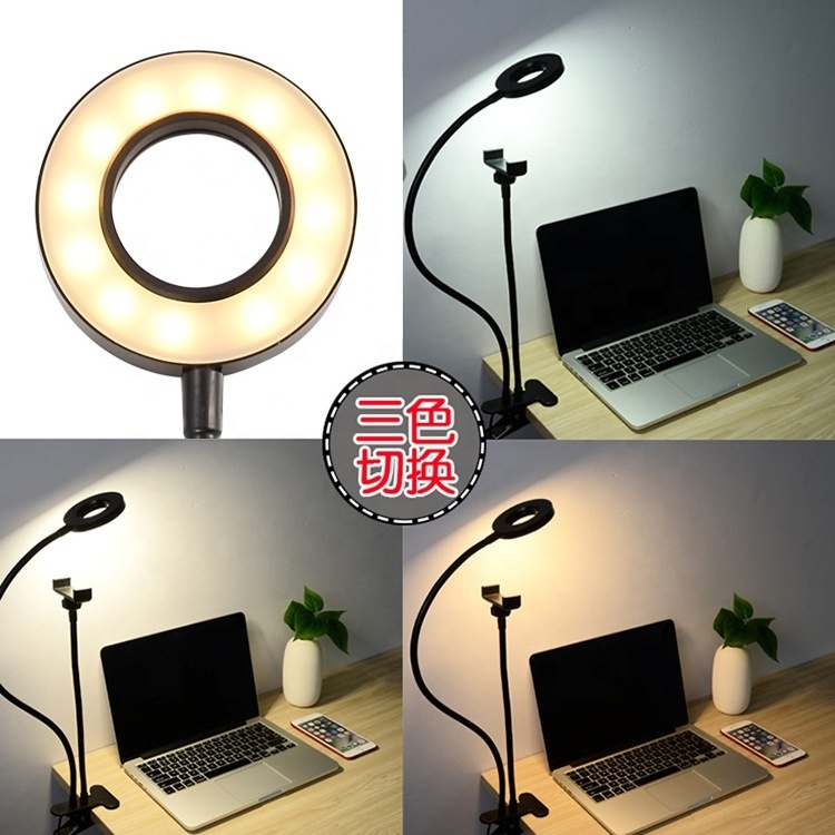 LED Clip Selfie Ring Light Wireless Remote Desktop Clip Table Lamp Live Beauty Make Up Stream Fill Light with Cell Phone Holder