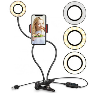 LED Clip Selfie Ring Light Wireless Remote Desktop Clip Table Lamp Live Beauty Make Up Stream Fill Light with Cell Phone Holder