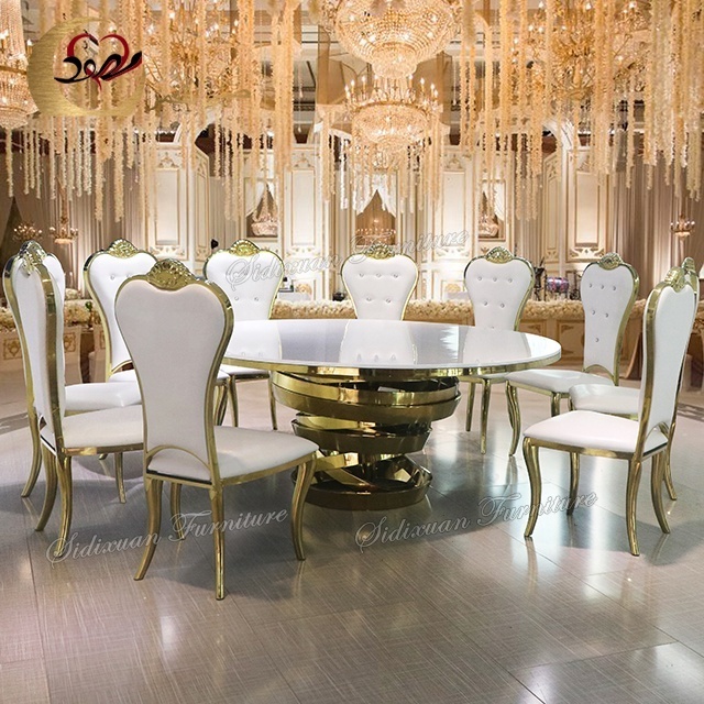 Gold stainless steel base round mdf top wedding party used banquet tables