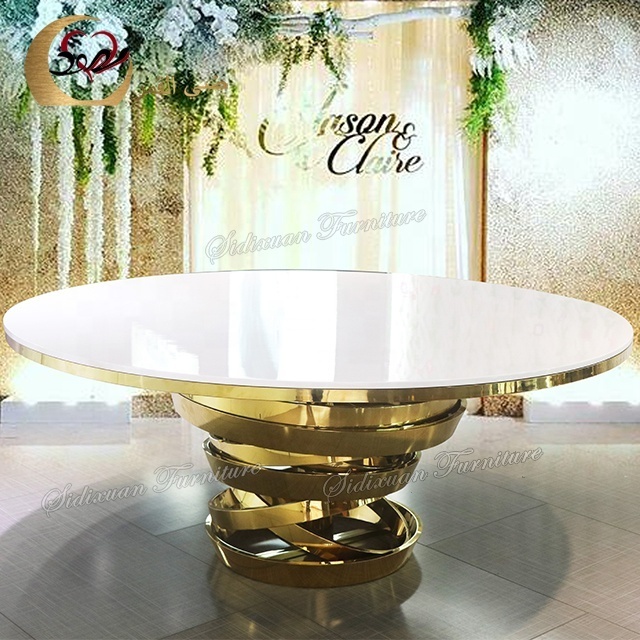 Gold stainless steel base round mdf top wedding party used banquet tables