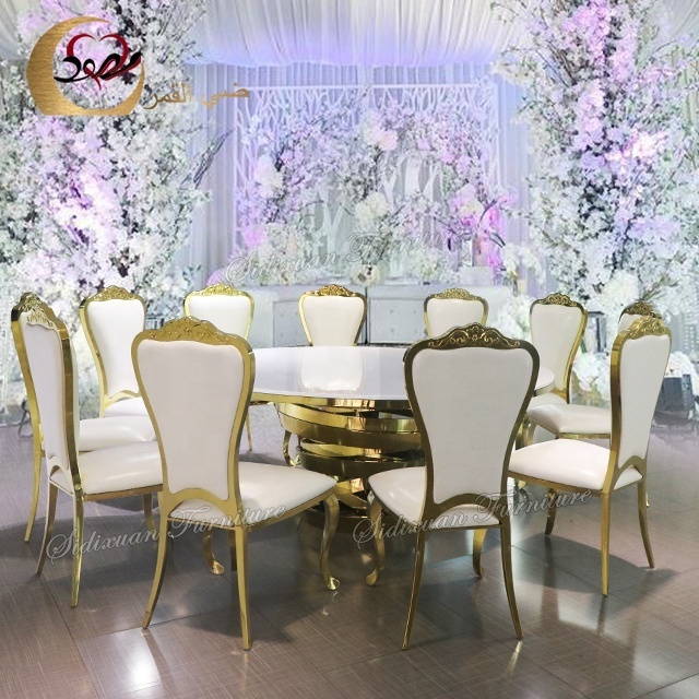 Gold stainless steel base round mdf top wedding party used banquet tables