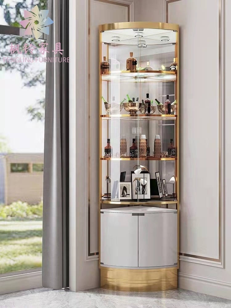 Modern Living Room Stainless Steel Metal Frame Wine Display Cabinet Luxury Glass Corner Bar Wine Storage Cabinet WB001