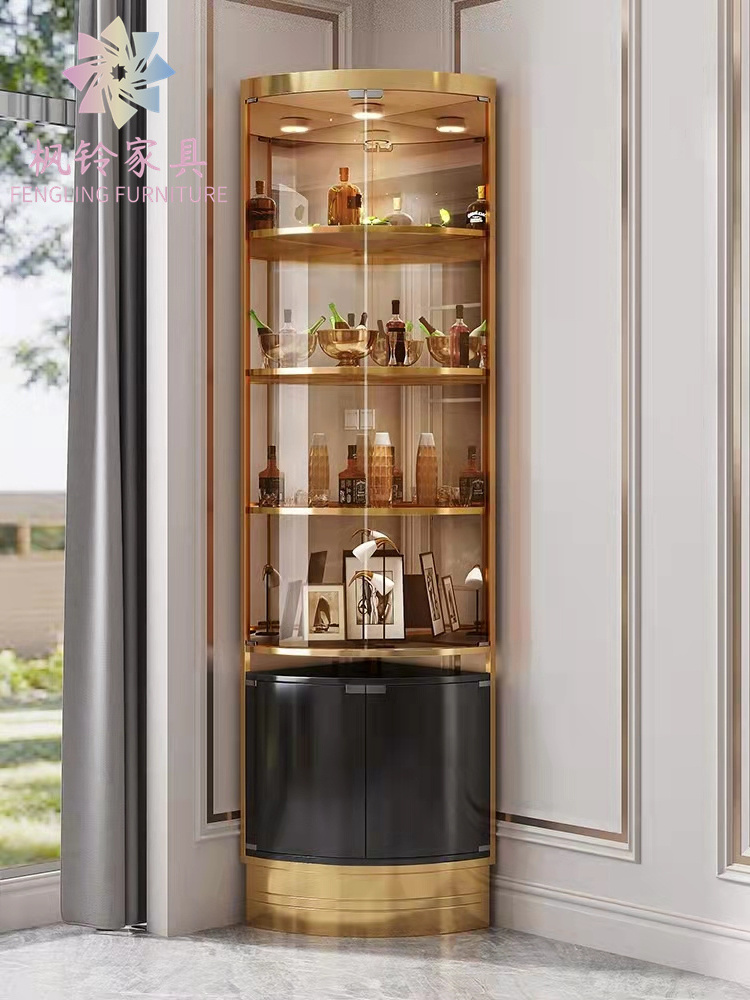 Modern Living Room Stainless Steel Metal Frame Wine Display Cabinet Luxury Glass Corner Bar Wine Storage Cabinet WB001