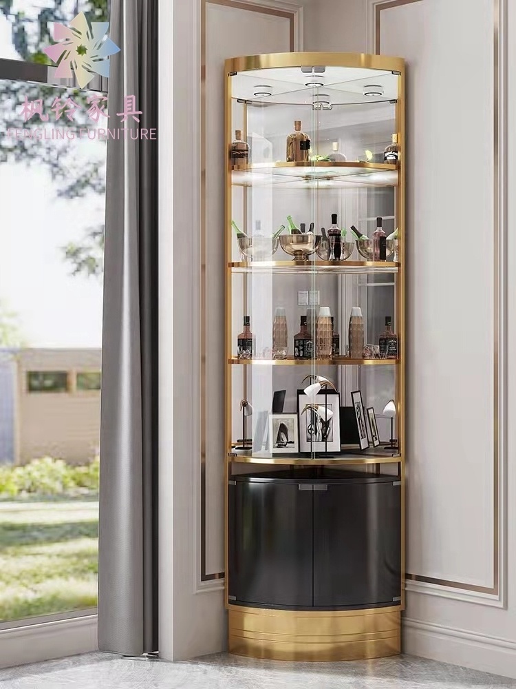 Modern Living Room Stainless Steel Metal Frame Wine Display Cabinet Luxury Glass Corner Bar Wine Storage Cabinet WB001