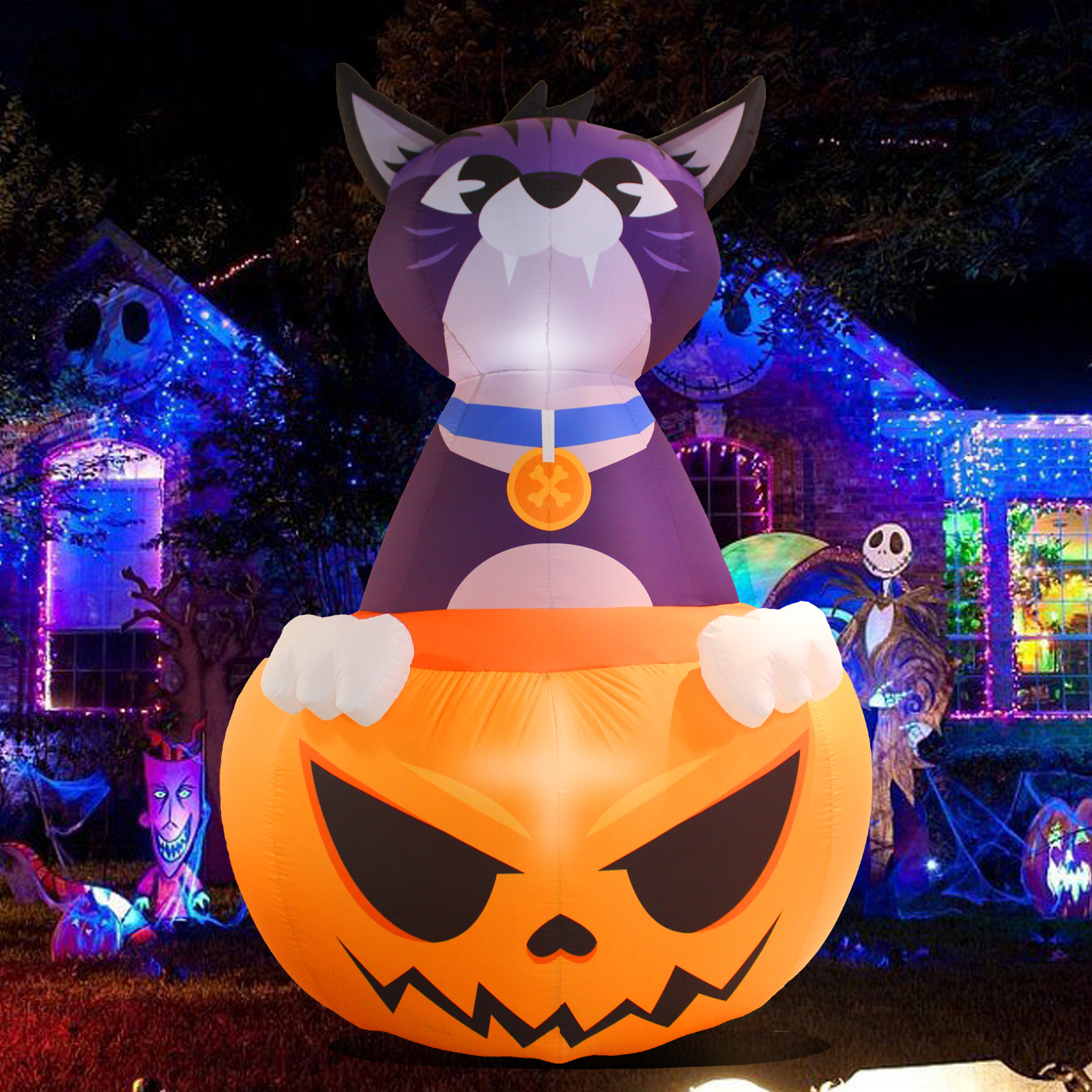 6 FT Pumpkins And Black Cat Halloween Inflatable Decoration With Led Lights Indoor Outdoor Pumpkin Inflatable Decoration