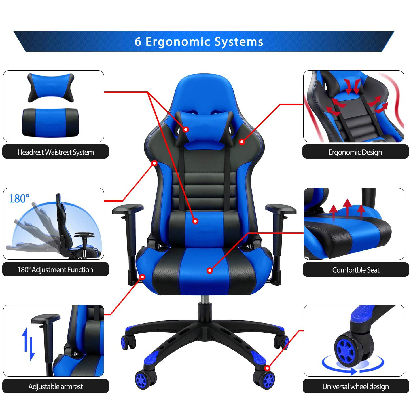 Customized Relax Gamer Blue Chairs Computer PU Leather Professional Gaming Recliner Chair