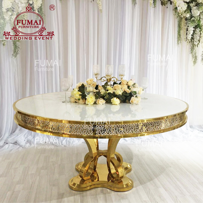 Luxury Golden Stainless Steel Chinese Knot Base Round Dining Tables