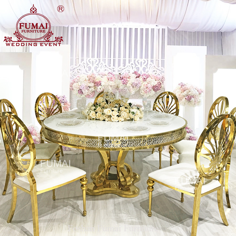 Luxury Golden Stainless Steel Chinese Knot Base Round Dining Tables