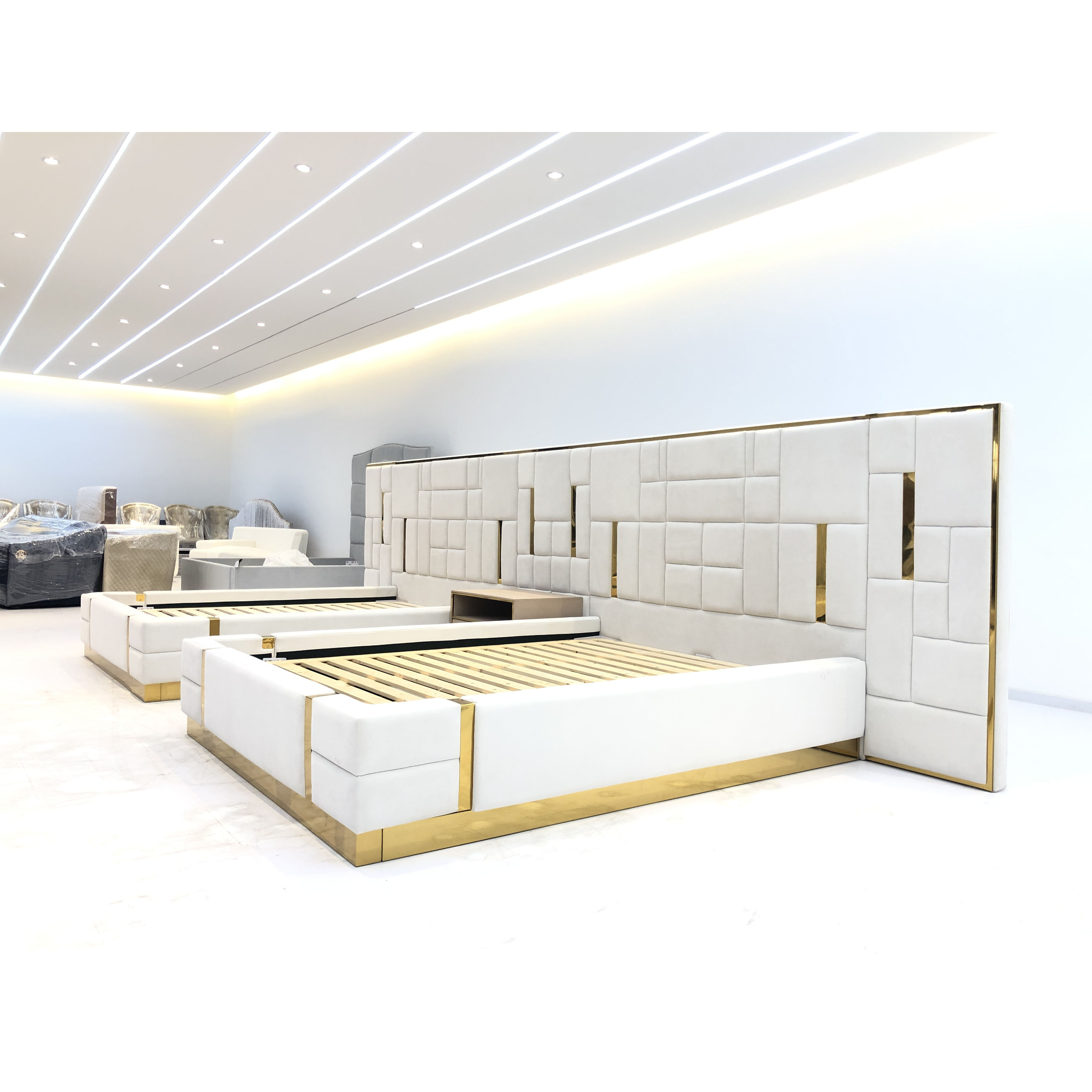 hot sale Luxury bed headboard bedroom set super twin double  king size gold stainless steel  leather customized modern soft bed