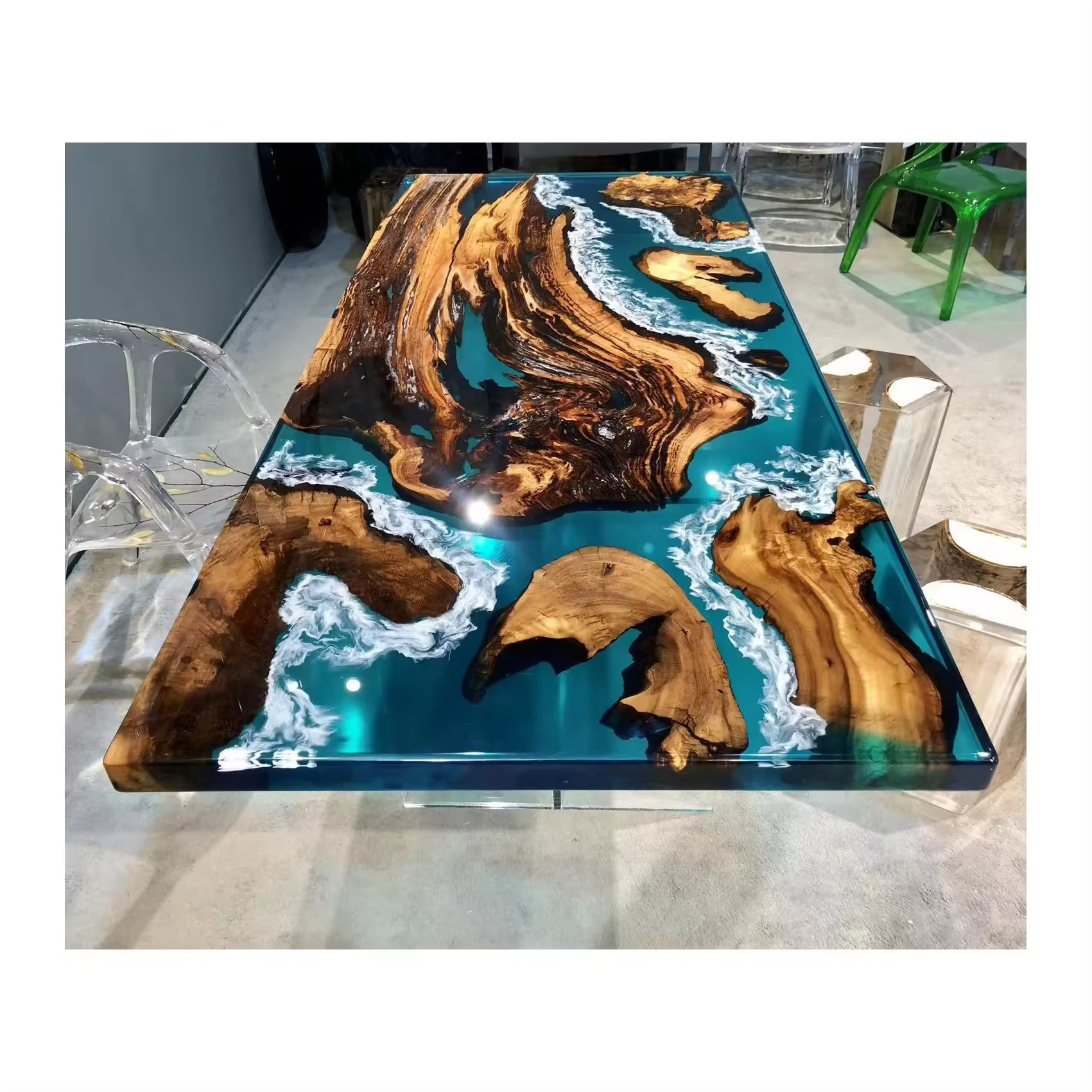 unique special dining room furniture  antique modern latest epoxy resin wood hotel Epoxy solid wood dine table for villa