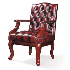 Classic wooden rustic vintage red Genuine Cow leather chesterfield  office club living room visiting lounge chair