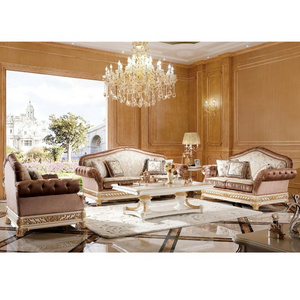 YB62 Elegant White & Gold Living Room Sofa Set, Luxury Gold Painted Furniture, Imperial Wood Carved Four Seater Sofa