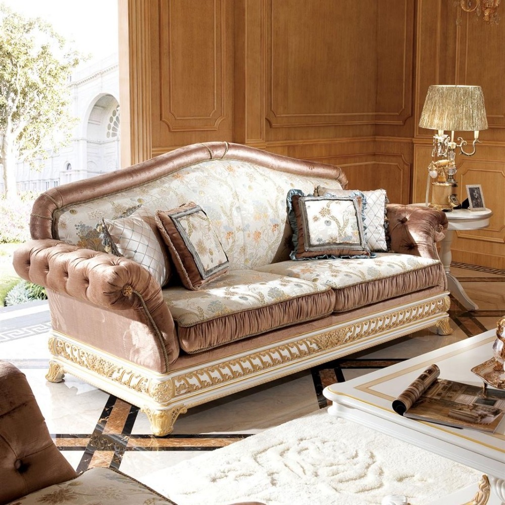 YB62 Elegant White & Gold Living Room Sofa Set, Luxury Gold Painted Furniture, Imperial Wood Carved Four Seater Sofa