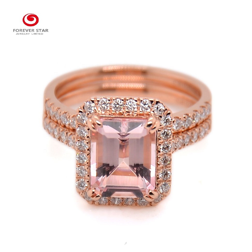 Fashion Design 18K Rose Gold Plated Cushion Morganite Moissanite Ring Diamond Ring