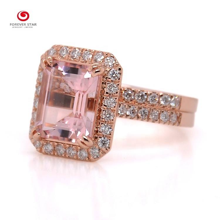 Fashion Design 18K Rose Gold Plated Cushion Morganite Moissanite Ring Diamond Ring