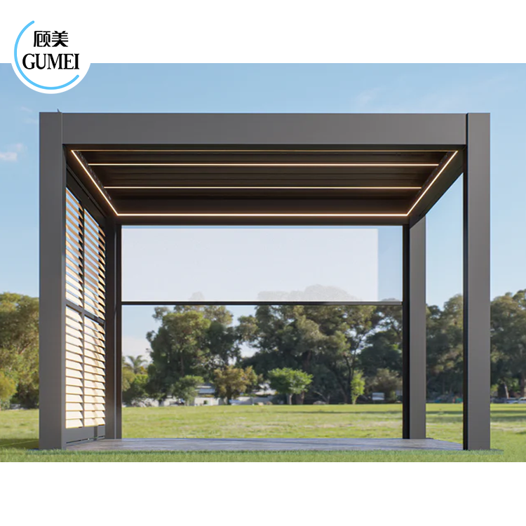 Modern 10 ft x 10 ft Pergola Aluminum Metal Brown Waterproof Retractable Roof Motorized Louvered Roof Bioclimatic Pergola