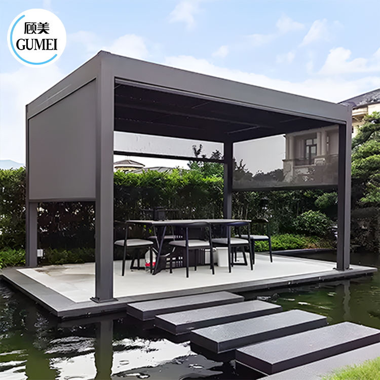 GumeiTec Outdoor Wall Mounted Electric Roof Louver Metal Gazebo Solar Pergola Covers Bioclimatique Gazebo