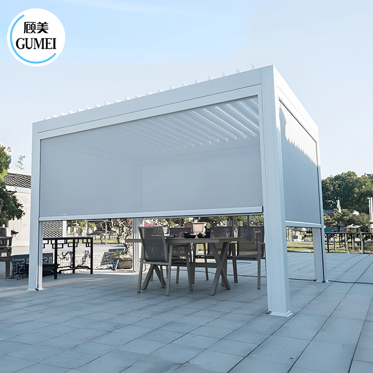 GumeiTec Outdoor Wall Mounted Electric Roof Louver Metal Gazebo Solar Pergola Covers Bioclimatique Gazebo