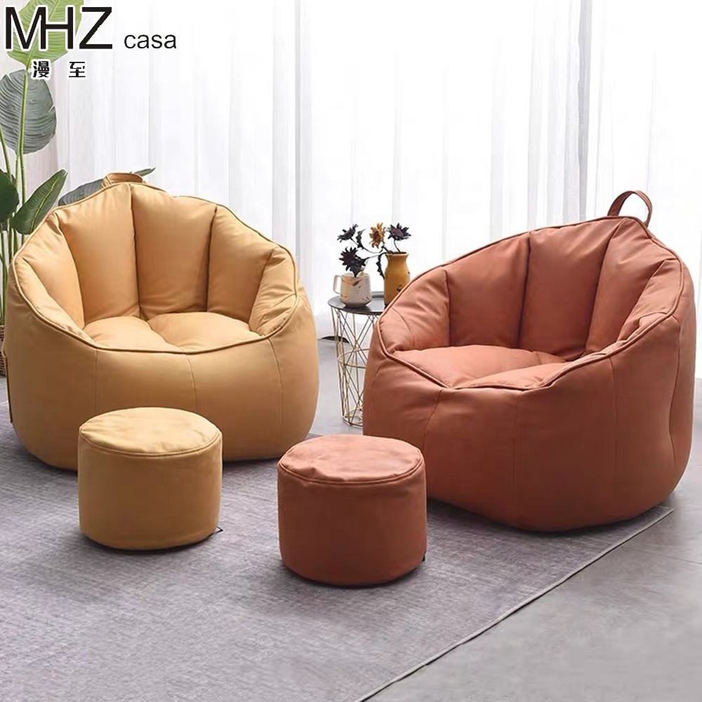 MHZ casa Living Room Cream White Bean Bag Sofa Lazy Pumpkin Shaped Single Lazy Plush Sofa