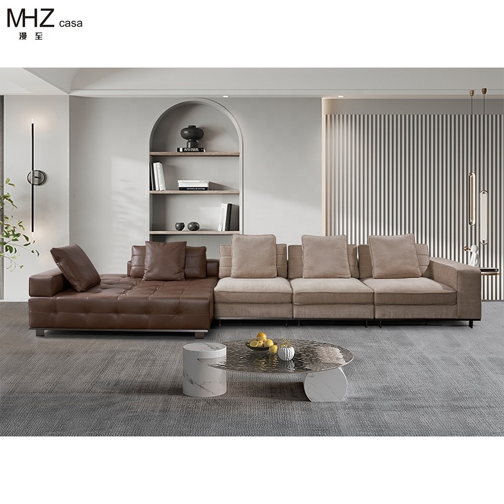 MHZ casa Nova Leather Sofathe First Layer Of Cowhide Italian Minimalism Villa Flat Floor Light Luxury Module Leather Sofa