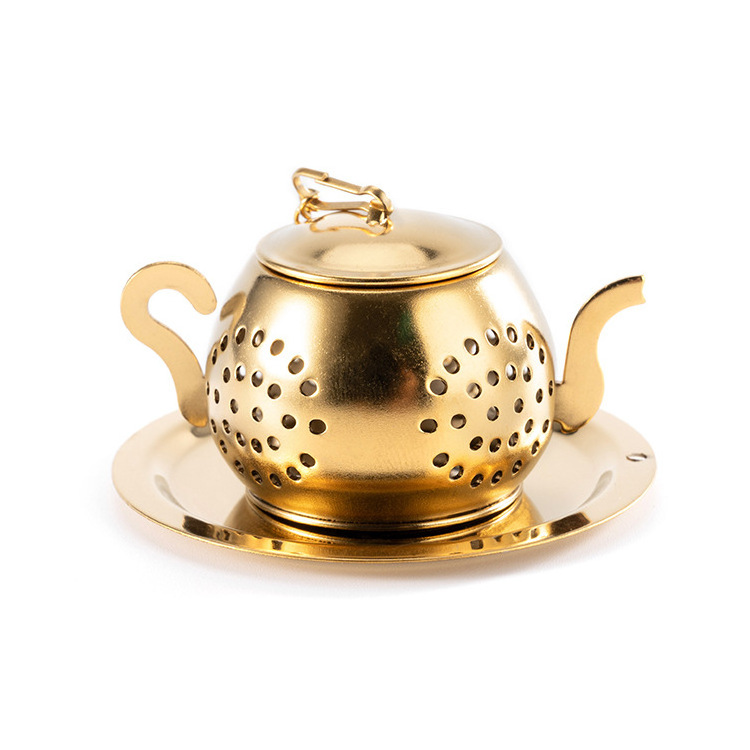 Golden Teapot Loose Leaf Tea Diffuser Stainless Steel Strainer Steeper Tea Infuser With Tray