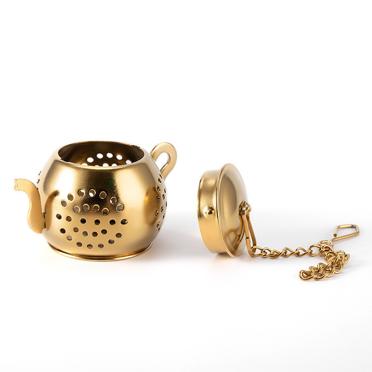 Golden Teapot Loose Leaf Tea Diffuser Stainless Steel Strainer Steeper Tea Infuser With Tray