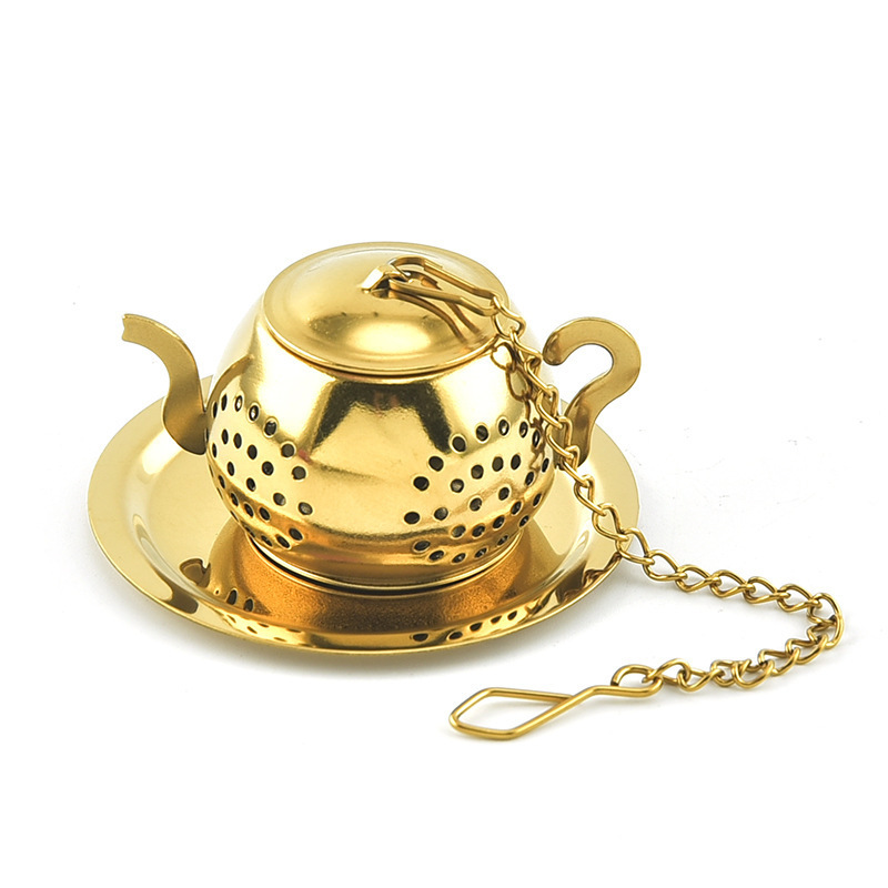 Golden Teapot Loose Leaf Tea Diffuser Stainless Steel Strainer Steeper Tea Infuser With Tray