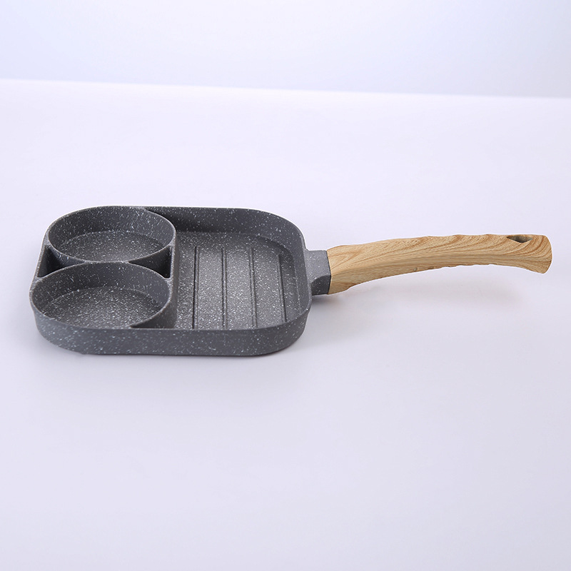 Non Stick Wooden Handle Breakfast Egg Pan Divided Grill Frying Pan