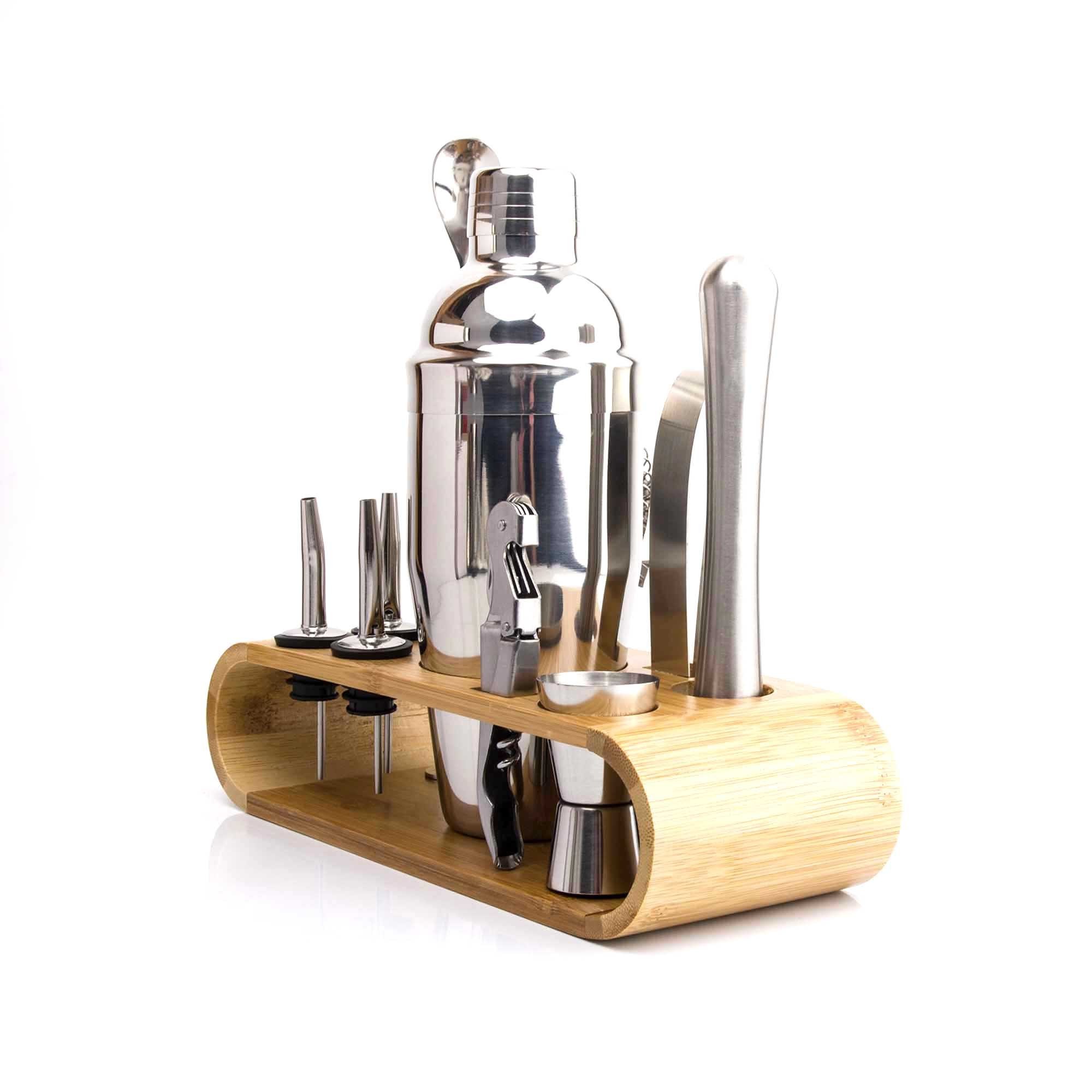 11pcs Bar Tool Bartender Kit Wholesale Stainless Steel with Bamboo Stand Cocktail Shakers 11 Pieces / Set Metal 100 Sets Support