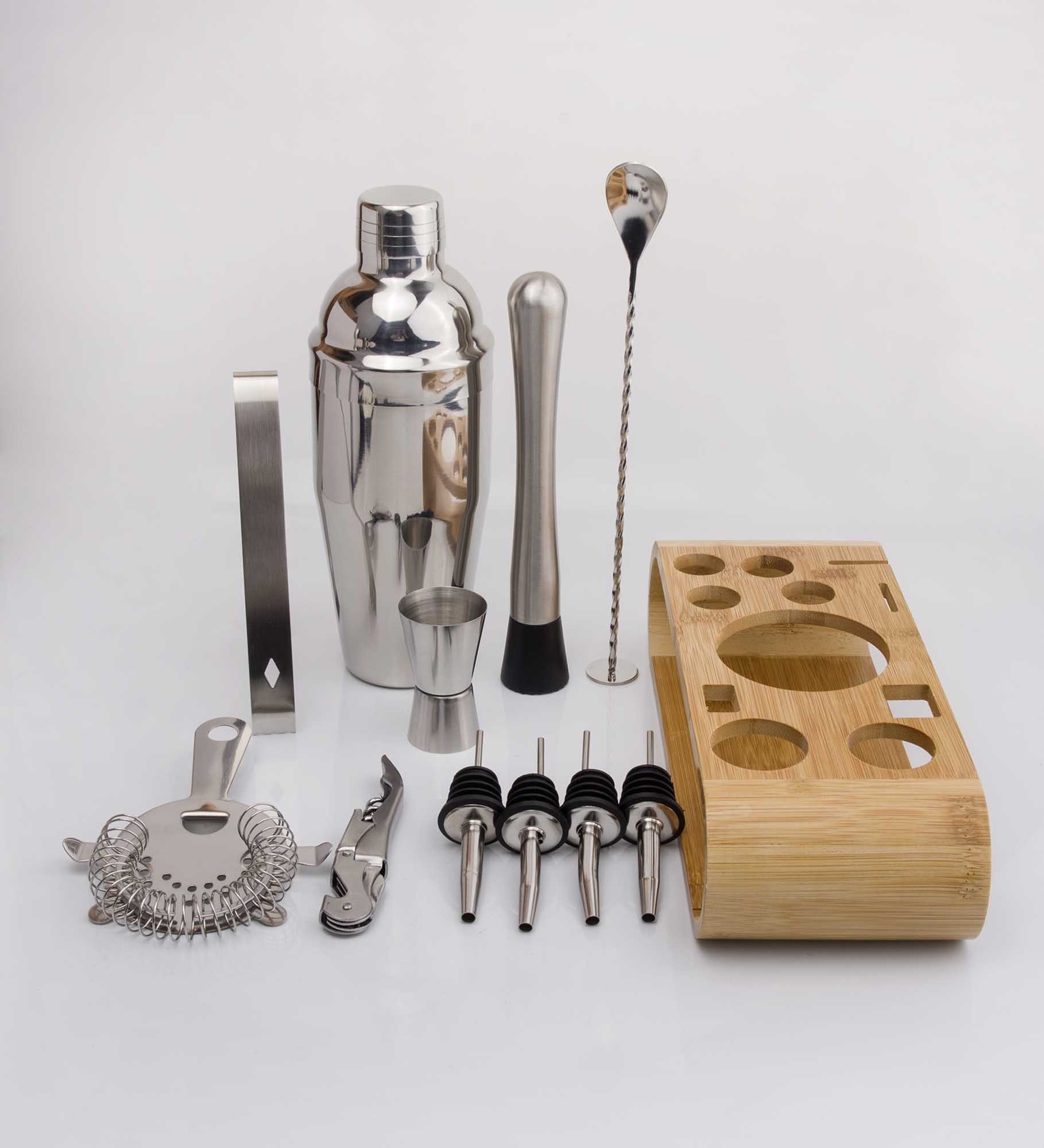 11pcs Bar Tool Bartender Kit Wholesale Stainless Steel with Bamboo Stand Cocktail Shakers 11 Pieces / Set Metal 100 Sets Support