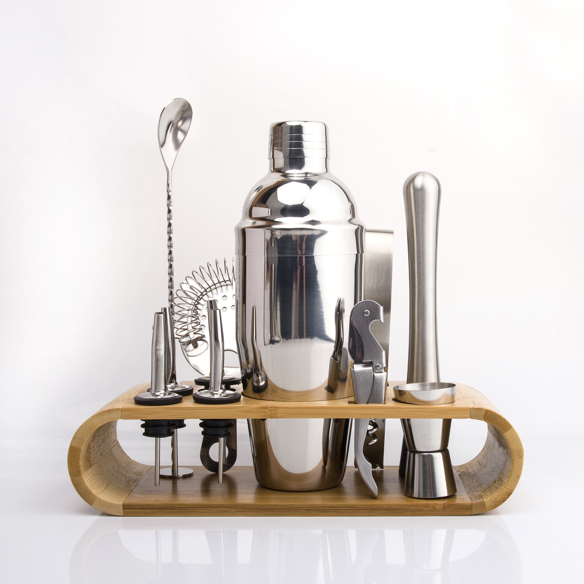 11pcs Bar Tool Bartender Kit Wholesale Stainless Steel with Bamboo Stand Cocktail Shakers 11 Pieces / Set Metal 100 Sets Support