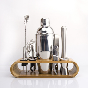 11pcs Bar Tool Bartender Kit Wholesale Stainless Steel with Bamboo Stand Cocktail Shakers 11 Pieces / Set Metal 100 Sets Support