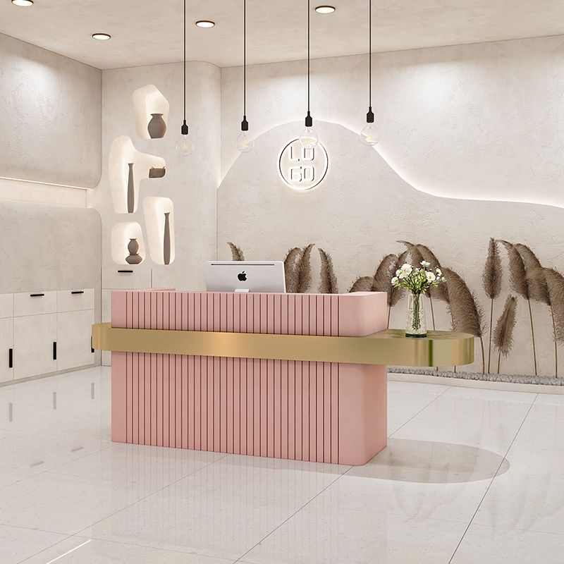 Wholesale newest minimalist stripe metal beauty nail salon furniture pink modern office reception desk for beauty salon