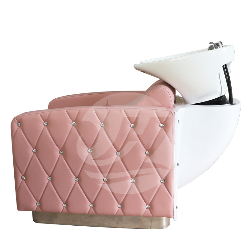 Modern salon furniture Hair salon equipment backwash shampoo unit bed reclining pink shampoo chair with ceramic bowl