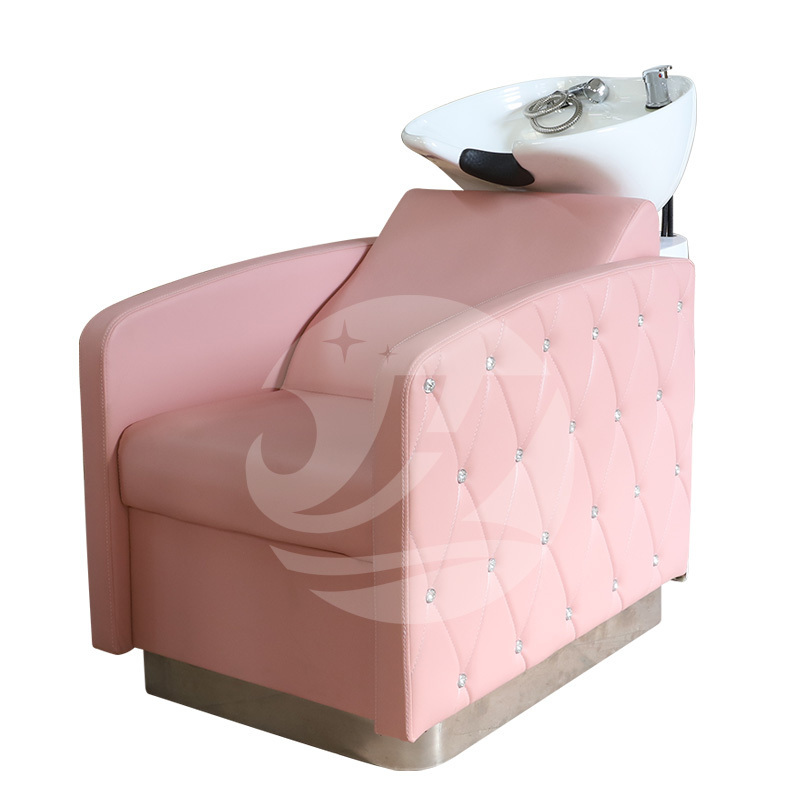 Modern salon furniture Hair salon equipment backwash shampoo unit bed reclining pink shampoo chair with ceramic bowl